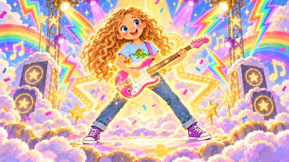 Maisie playing a pink guitar on a stage in the clouds