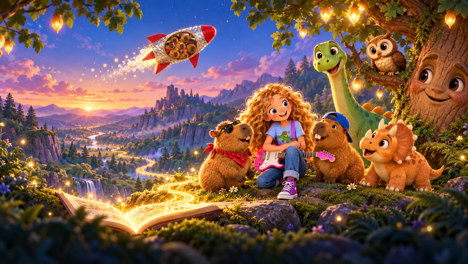 Capybaras, a dinosaur, an owl and a girl with a pink guitar beside a glowing storybook path
