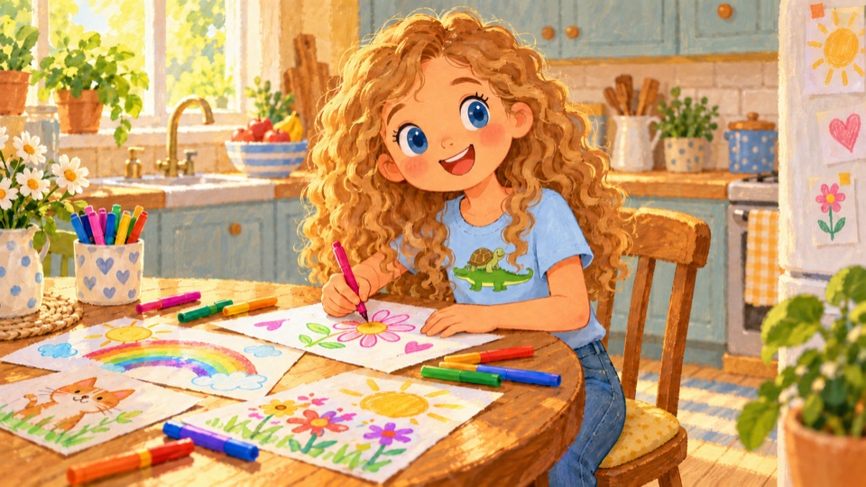 Maisie drawing at the kitchen table