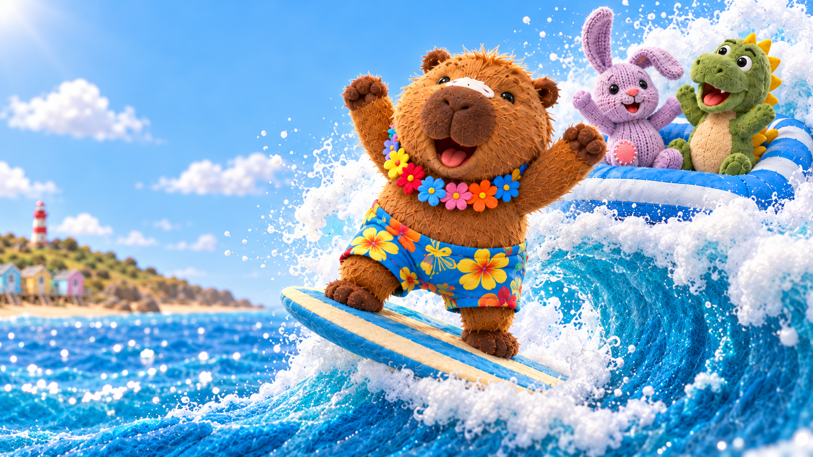The Capy Crew surfing a wave at the seaside