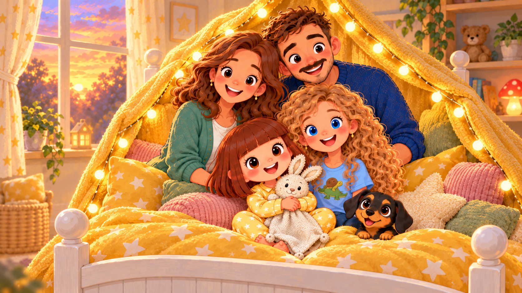 Lucy and her family snuggled up together in bed under fairy lights