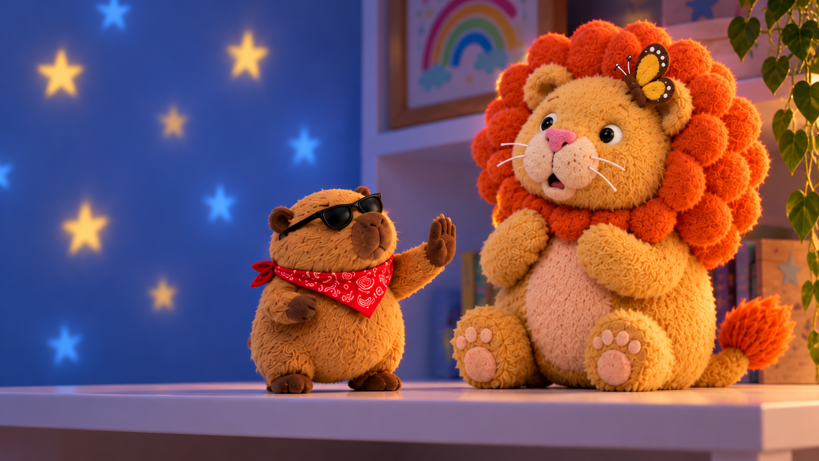 The Capy Crew in Maisie's room under a starry night light