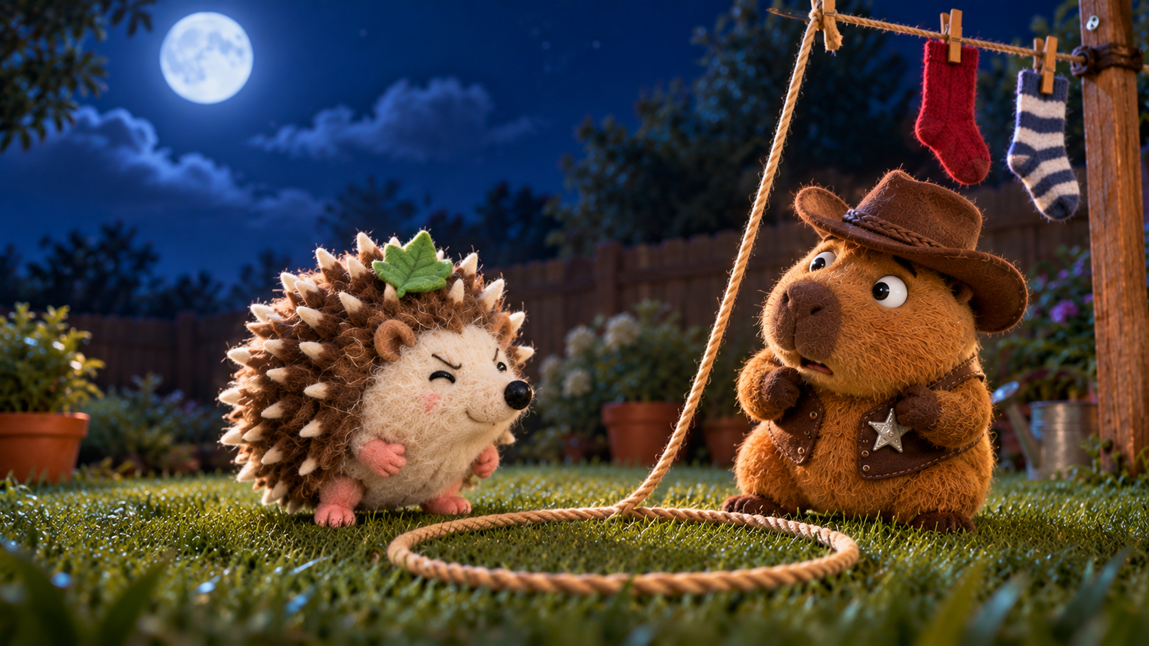 The Capy Crew camping in the garden under the moon